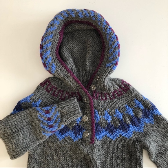 Women's Hand Knit Chunky Heavy Weight Fairisle Hooded Sweater Gray Blue … - Picture 10 of 11